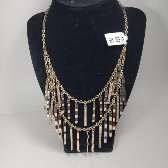 Mixed Metal Fringe Statement Necklace – Gold, Rose & Silver tone Fashion Jewelry - Picture 7 of 12